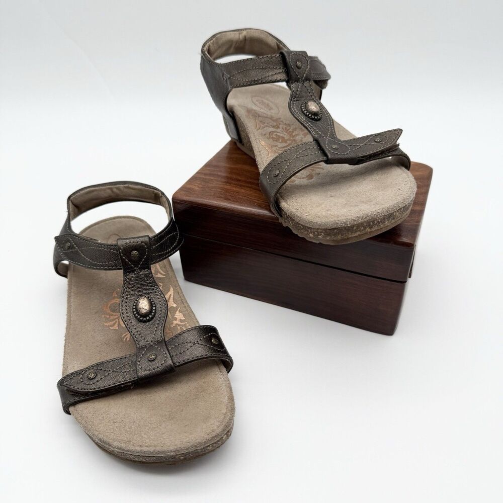 Aetrex Lori 6 36 Bronze Metallic Leather Quarter Strap Sandals Adjustable